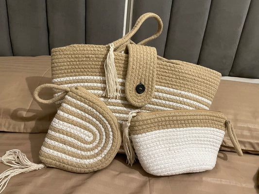 Beige White Striped Outdoors Bag with Bead Lock Set with Coin Purse and Pouch Set