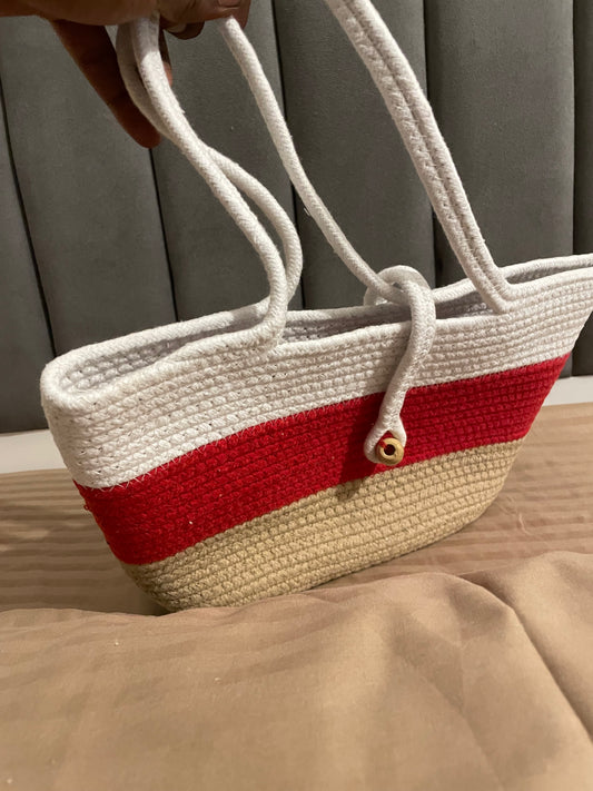 Red White Beige Striped Outdoors Bag with Bead Lock