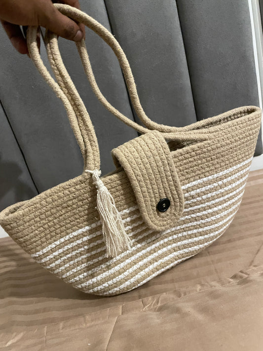 Beige White Striped Outdoors Bag with Bead Lock Set with Coin Purse and Pouch Set