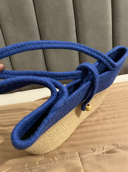 Blue Beige Striped Outdoors Bag with Bead Lock