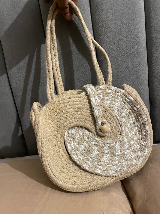 Beige and White Sea-Shell styled Rope Bag with Sling