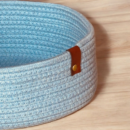 Light Blue Round Cotton Basket with Leather Tag by Yubi Sora
