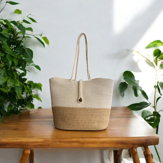 Beige Off White Cotton Bag with Bead Lock by Yubi Sora
