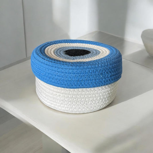 Round Cotton Jute Basket with Blue Lid by Yubi Sora