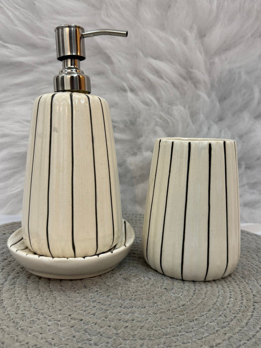 Yubi Sora Black Striped Soap Dispenser Toothbrush Stand set