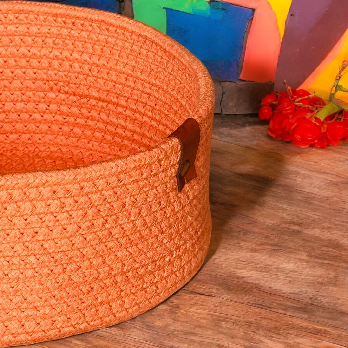 Orange Round Cotton Basket with Leather Tag by Yubi Sora