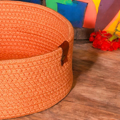Orange Round Cotton Basket with Leather Tag by Yubi Sora