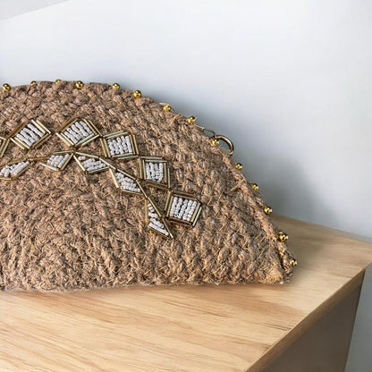 Dot Styled Jute Sling Clutch Bag Beige