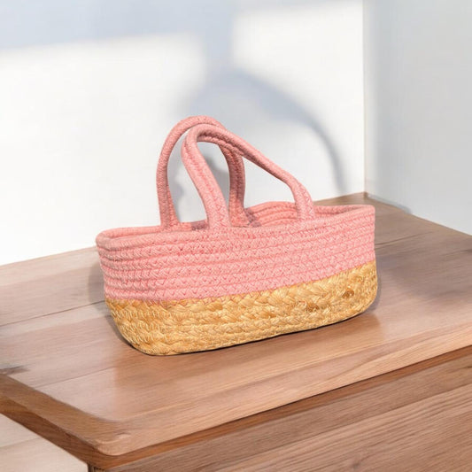 Cotton Jute basket with Pink Handle by Yubi Sora