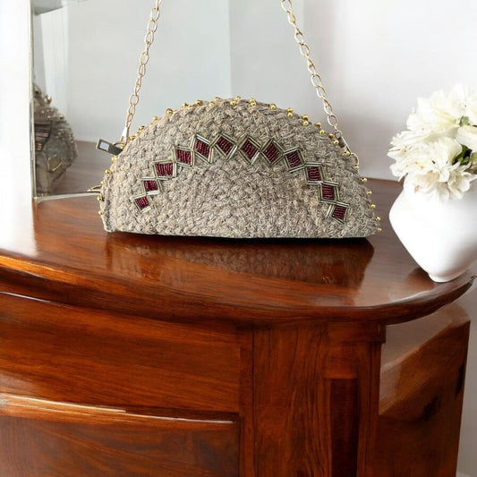 Beaded Jute Sling Clutch Bag Beige