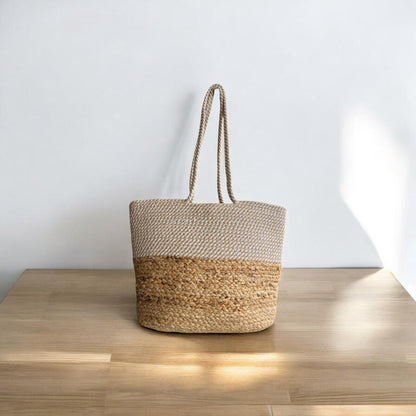 Beige Cotton Jute Bag with Handle by Yubi Sora