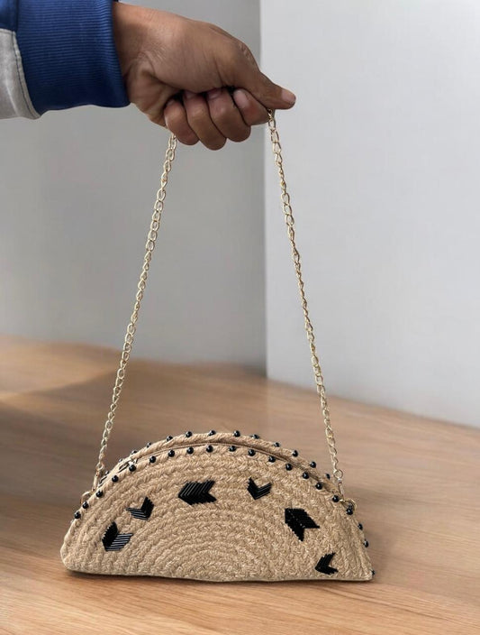 Black Motifs Jute Sling Clutch Bag Beige