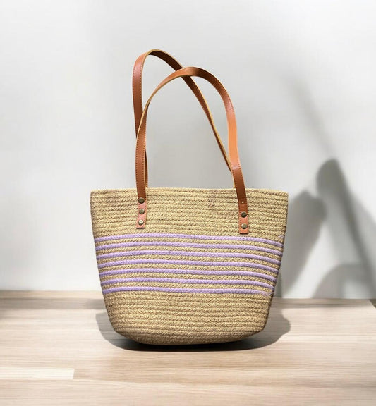 Striped Cotton Jute Bag with Leather handle by Yubi Sora