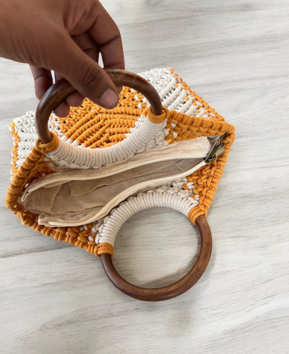 Macrame Bag Yellow With Wooden Handle