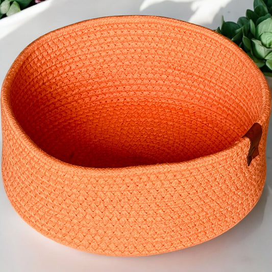 Orange Round Cotton Basket with Leather Tag by Yubi Sora