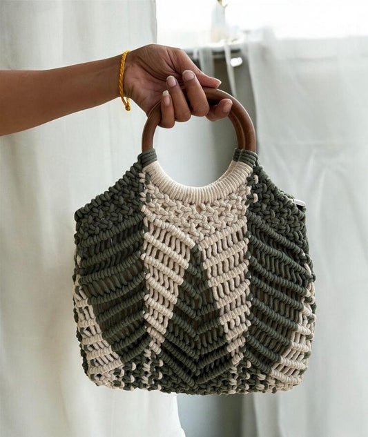 Green white Macrame Bag With Wooden Handle