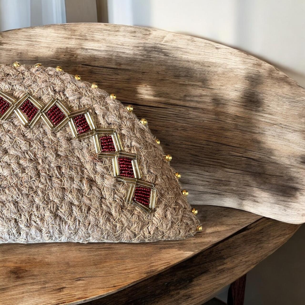 Beaded Jute Sling Clutch Bag Beige