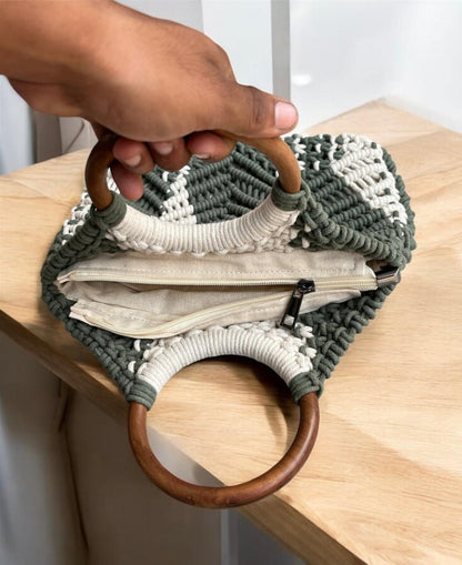 Green white Macrame Bag With Wooden Handle