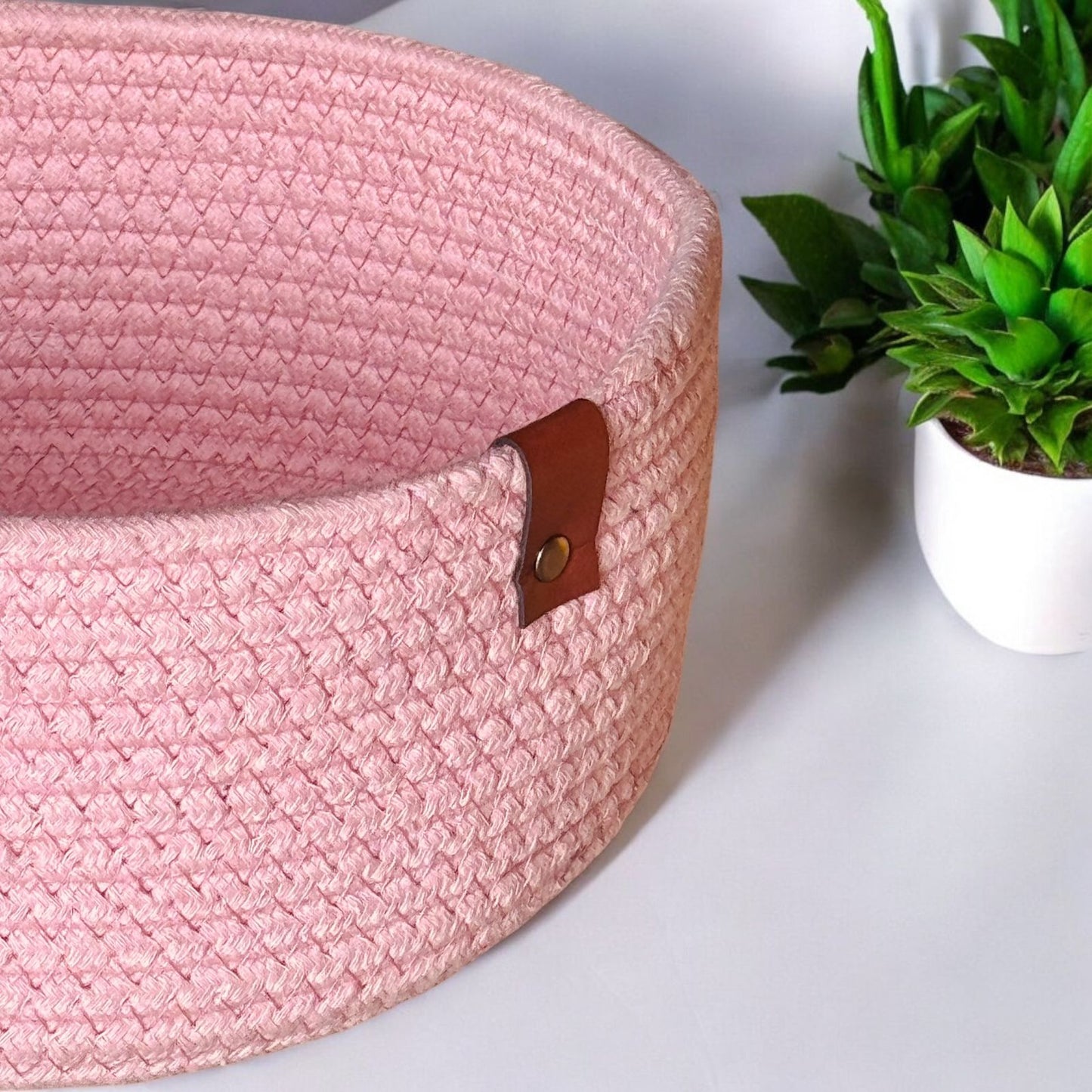 Pink Round Cotton Basket with Leather Tag by Yubi Sora