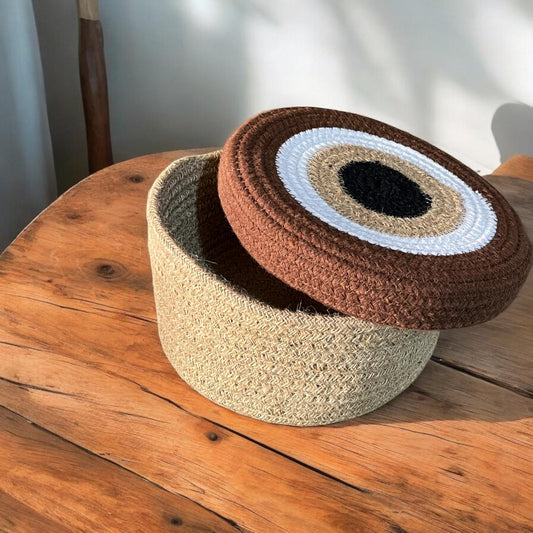 Round Cotton Jute Basket with Brown Lid by Yubi Sora