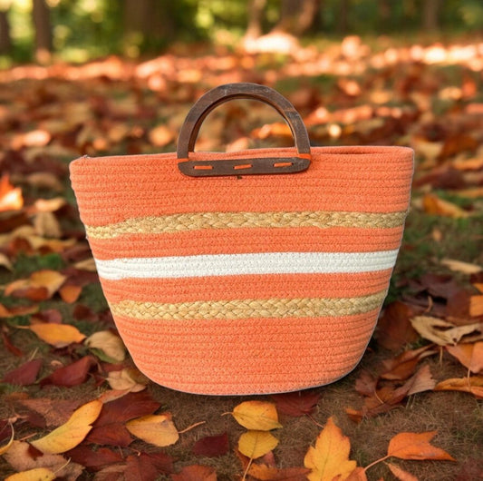 Orange Jute Bag with Wooden Handle
