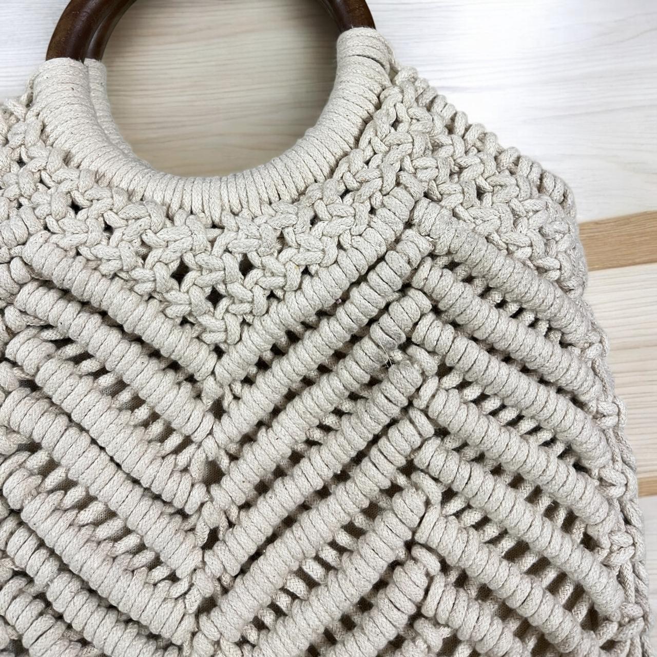 Macrame Bag White With Wooden Handle