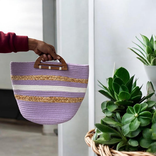 Purple Jute Bag with Wooden Handle
