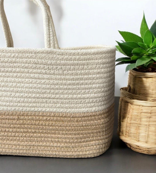Off White Cotton Rectangle Basket With Handle