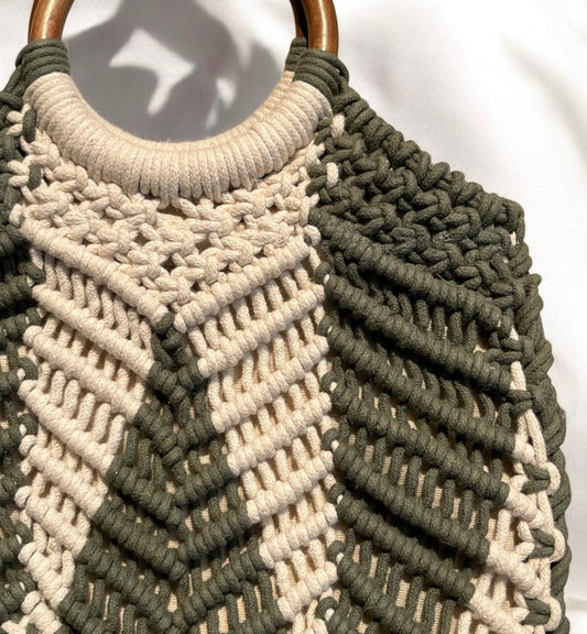 Green white Macrame Bag With Wooden Handle