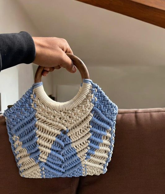 Macrame Bag White Sky Blue With Wooden Handle