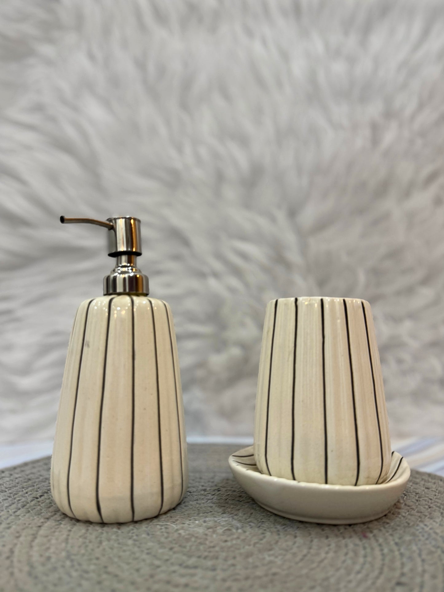 Yubi Sora Black Striped Soap Dispenser Toothbrush Stand set