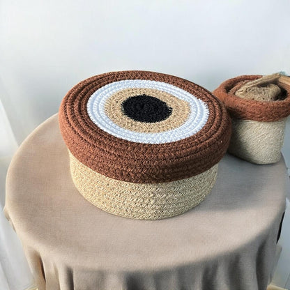 Round Cotton Jute Basket with Brown Lid by Yubi Sora