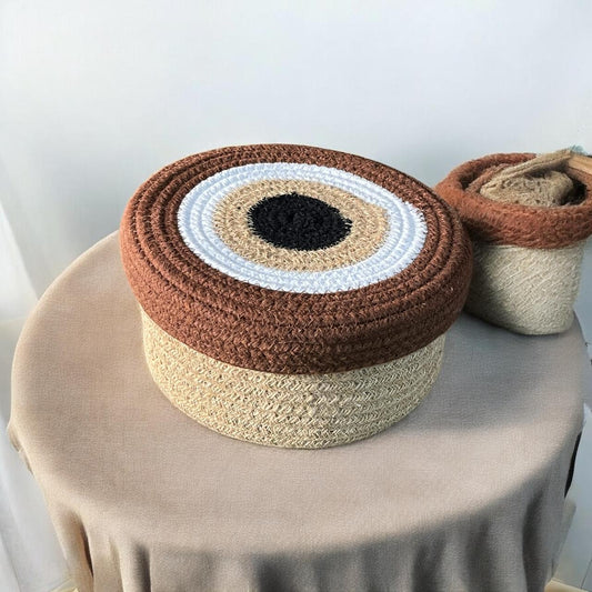Round Cotton Jute Basket with Brown Lid by Yubi Sora