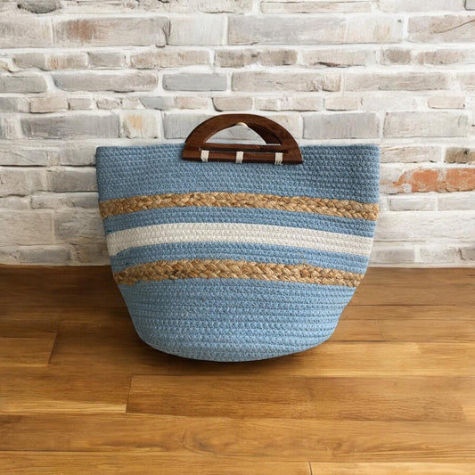Light Blue Jute Bag with Wooden Handle
