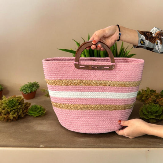 Pink Jute Bag with Wooden Handle
