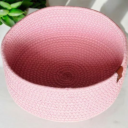 Pink Round Cotton Basket with Leather Tag by Yubi Sora