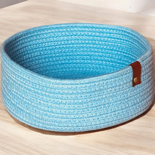 Light Blue Round Cotton Basket with Leather Tag by Yubi Sora