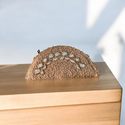 Dot Styled Jute Sling Clutch Bag Beige
