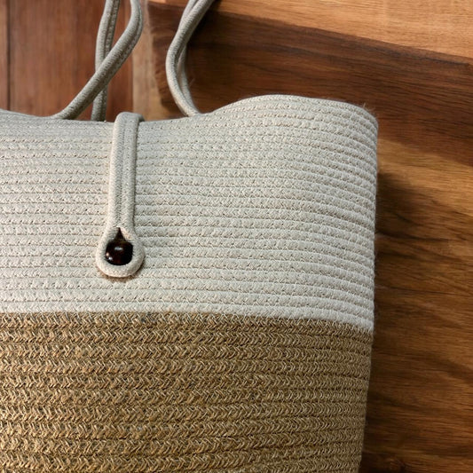 Beige Off White Cotton Bag with Bead Lock by Yubi Sora