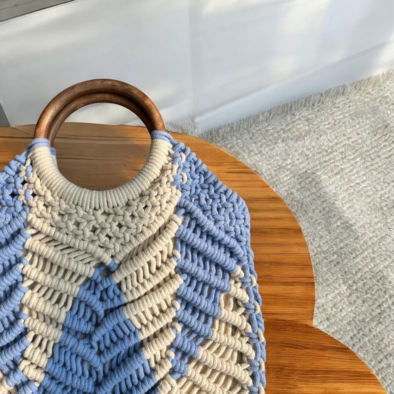 Macrame Bag White Sky Blue With Wooden Handle