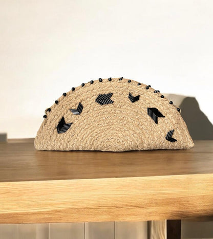 Black Motifs Jute Sling Clutch Bag Beige