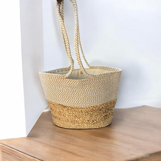 Beige Cotton Jute Bag with Handle by Yubi Sora