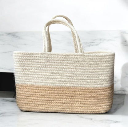 Off White Cotton Rectangle Basket With Handle
