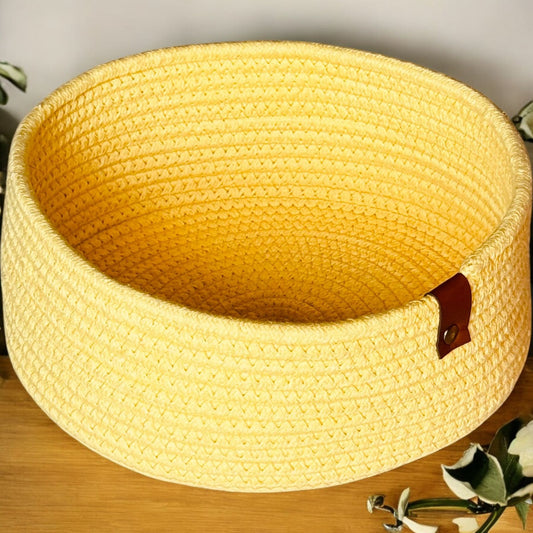 Yellow Round Cotton Basket with Leather Tag by Yubi Sora