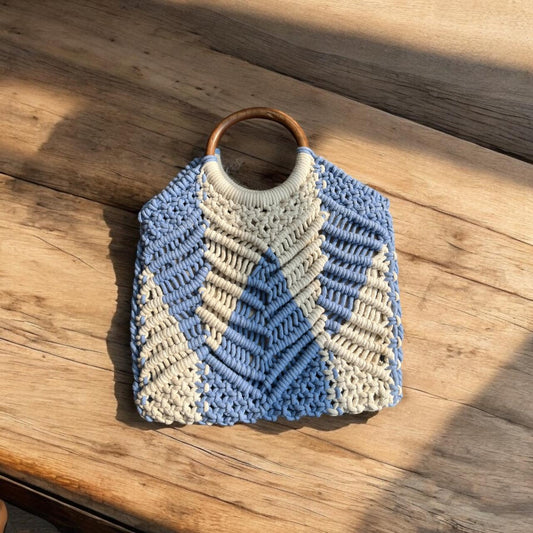 Macrame Bag White Sky Blue With Wooden Handle