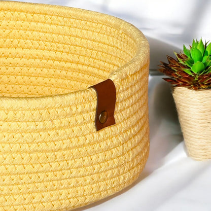 Yellow Round Cotton Basket with Leather Tag by Yubi Sora