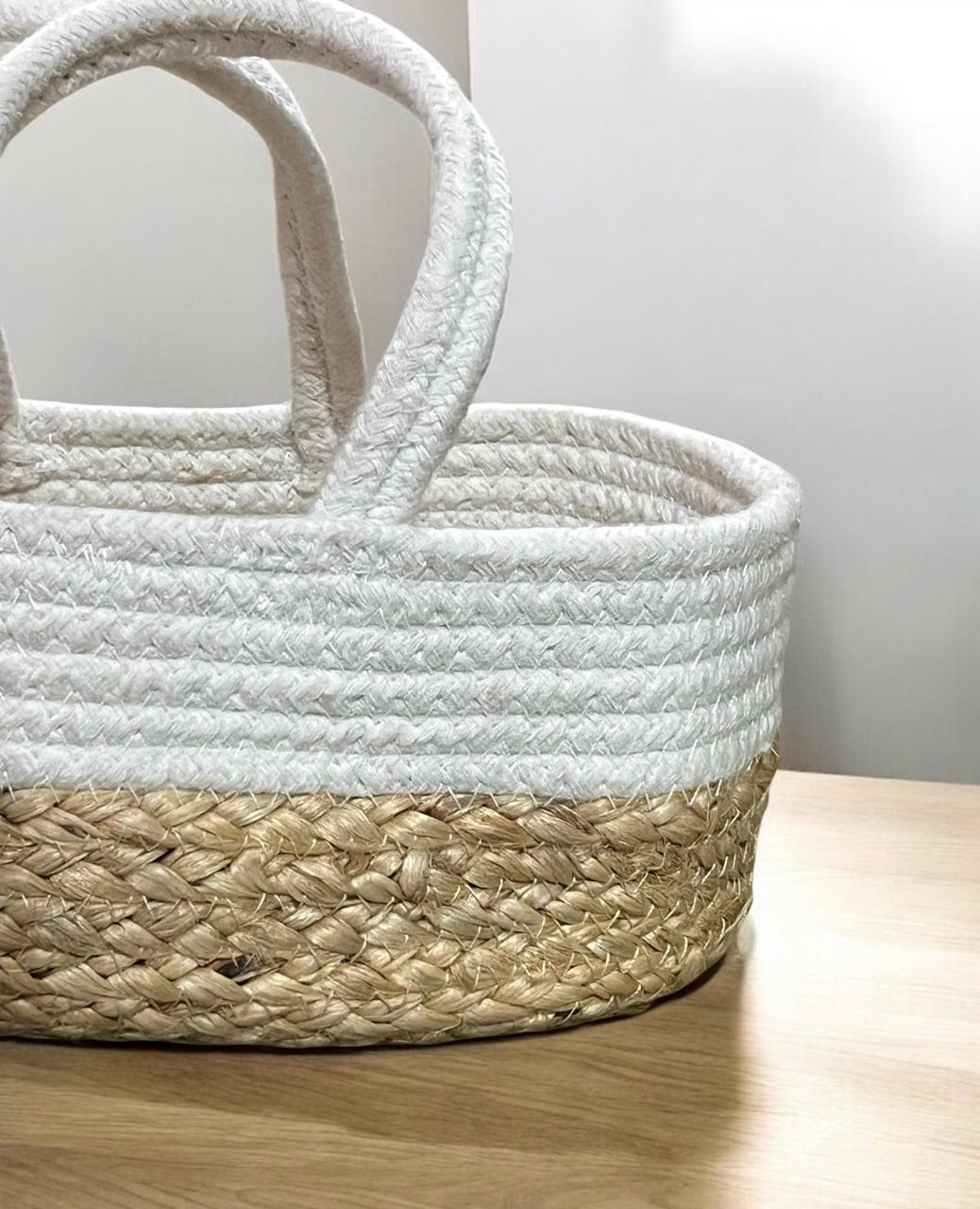 White Jute Basket with Handle by Yubi Sora